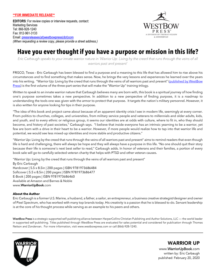 Warrior Up Book - 1st - Press Release